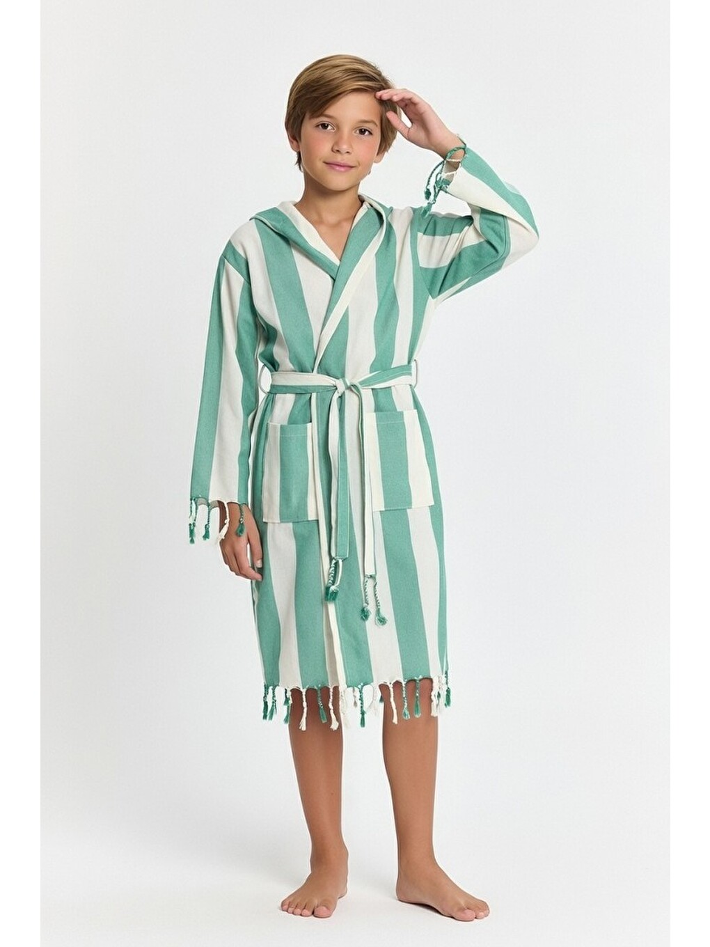 Yeşil Çocuk Striped Peştamal Bornoz %100 Pamuk Unisex-1