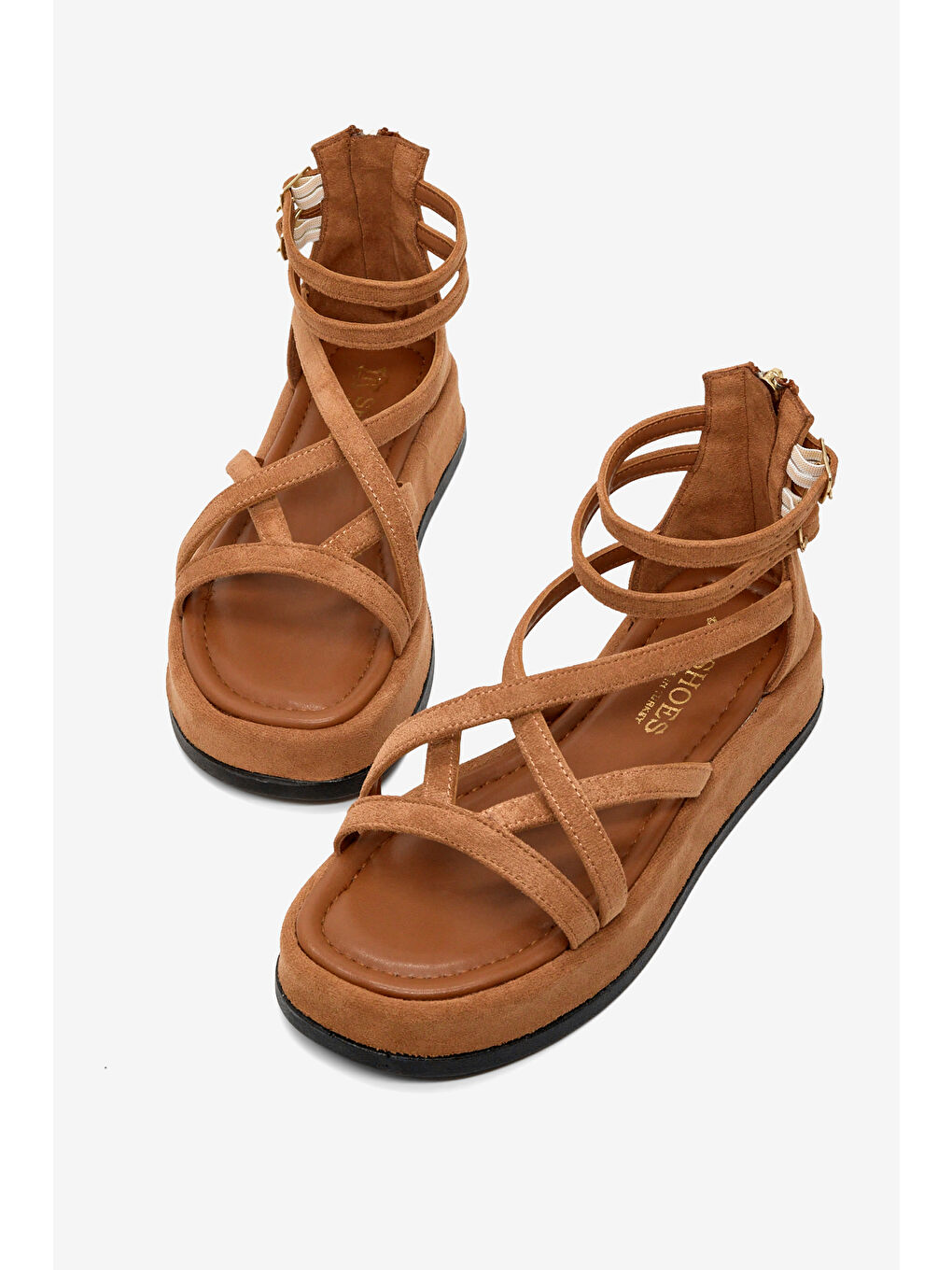 Kahverengi Kadın Taba Süet Rahat Kalıp Çapraz Bantlı Çift Kemerli Sandalet-3