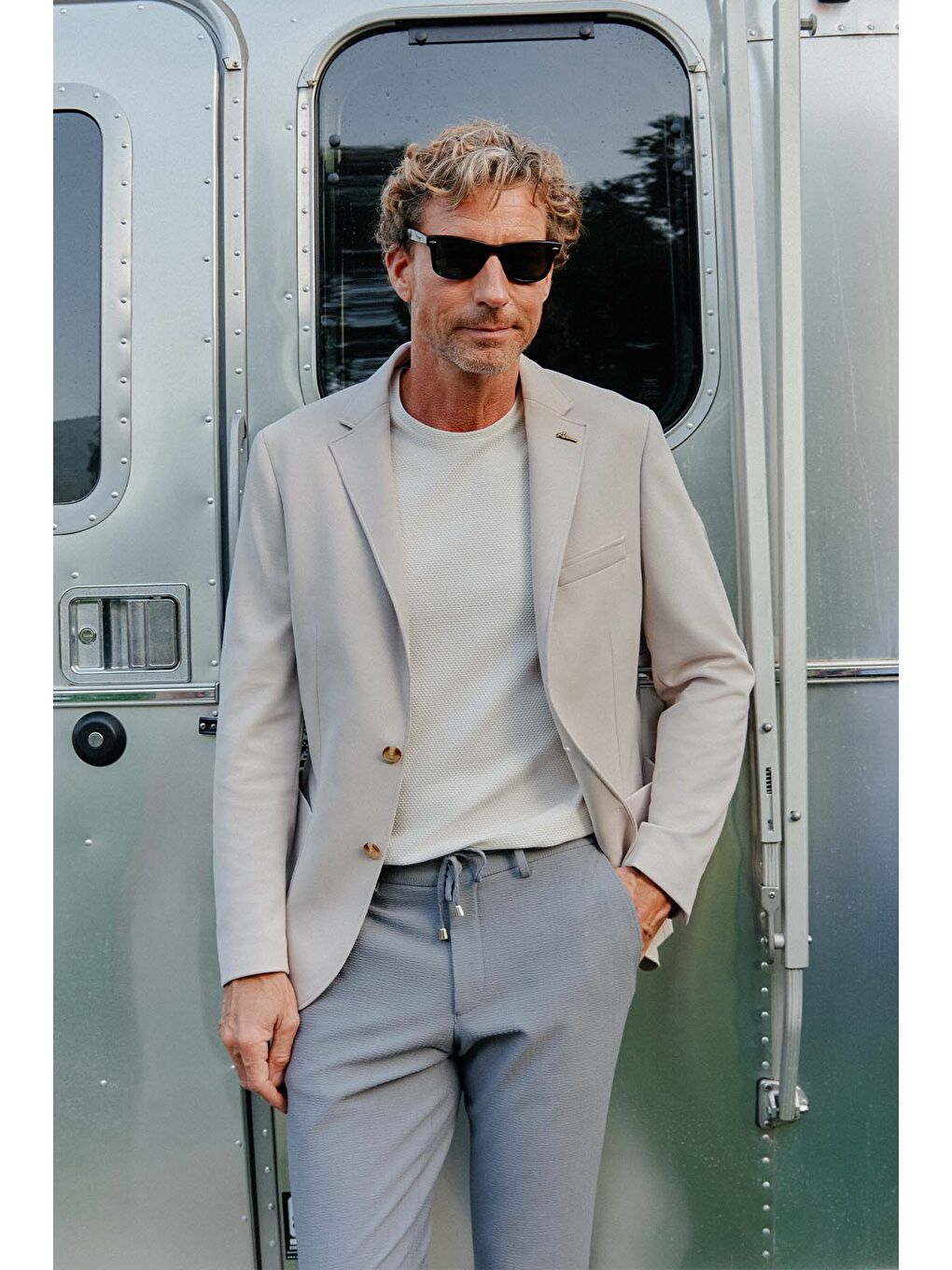 Erkek Bej Slim Fit Dar Kesim Mono Yaka Casual Ceket