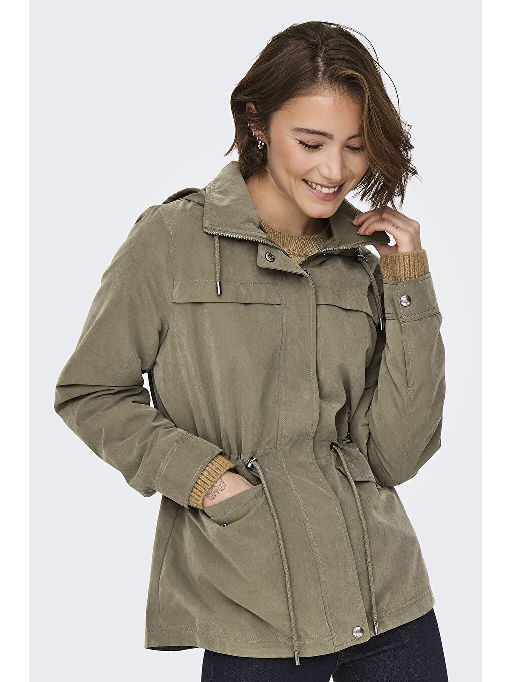 Yeşil Onlnewstarline Regular Fit Kapüşonlu Cepli Mevsimlik Kadın Mont 15218612