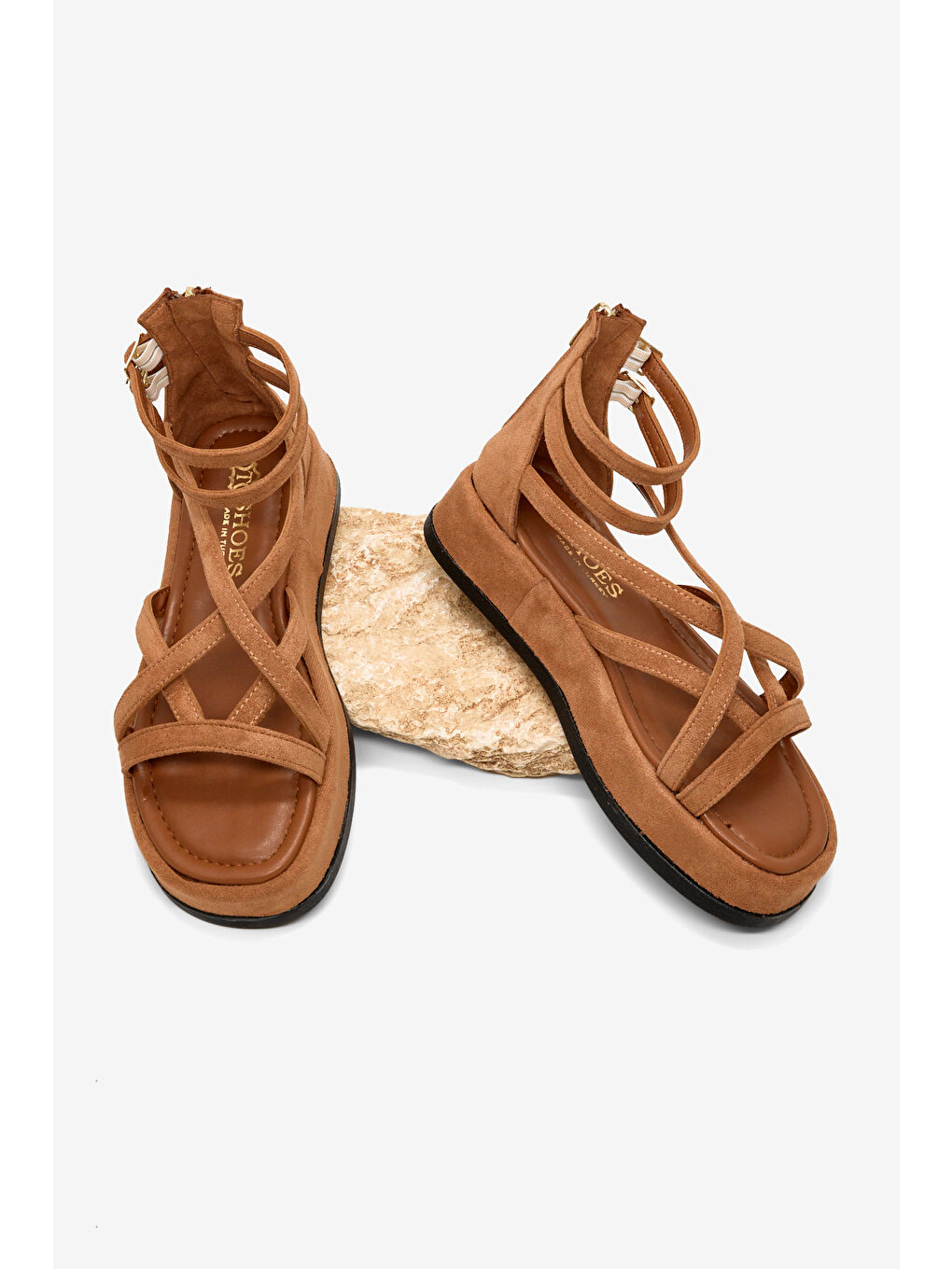 Kahverengi Kadın Taba Süet Rahat Kalıp Çapraz Bantlı Çift Kemerli Sandalet-4