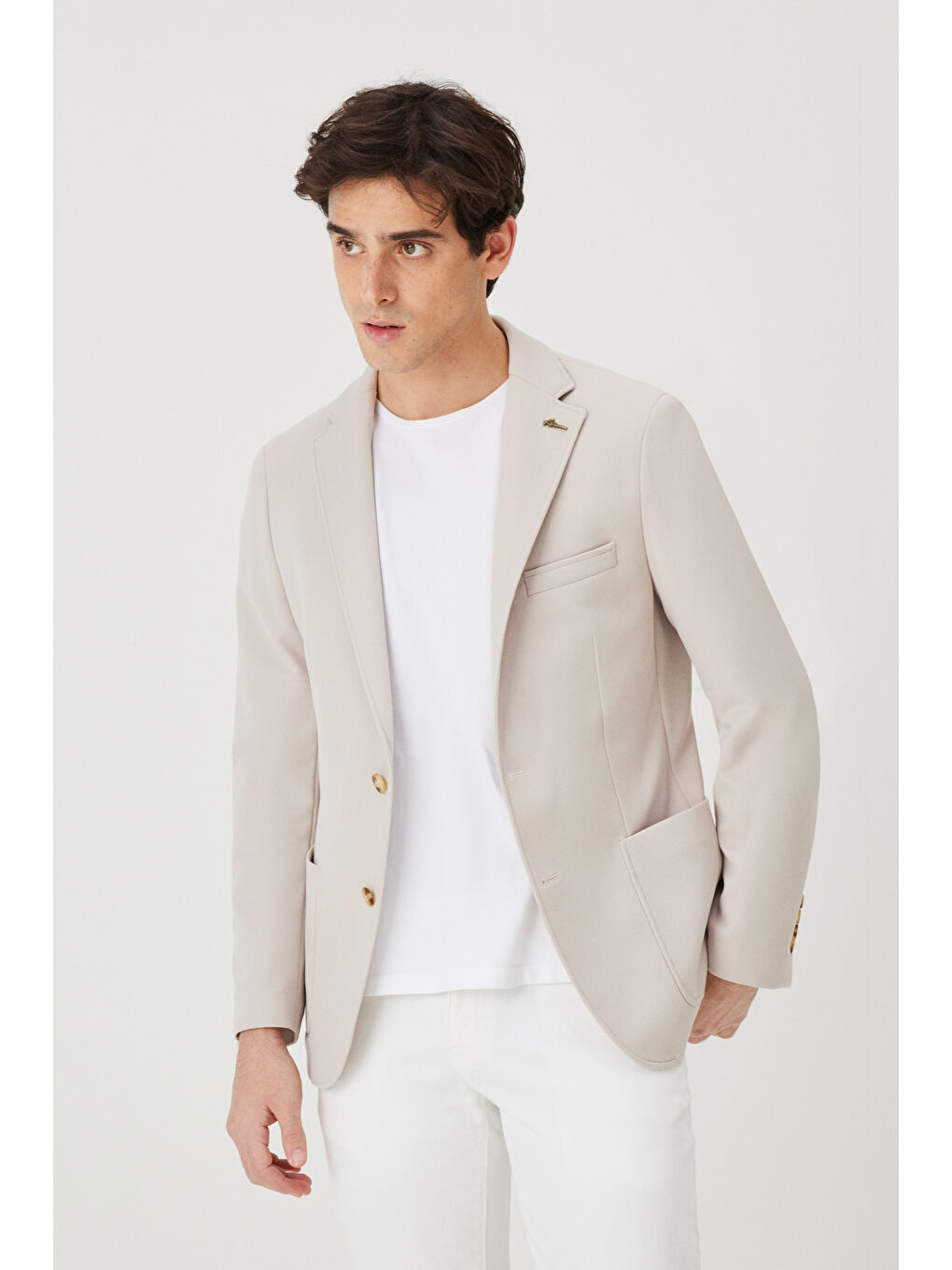 Erkek Bej Slim Fit Dar Kesim Mono Yaka Casual Ceket-1