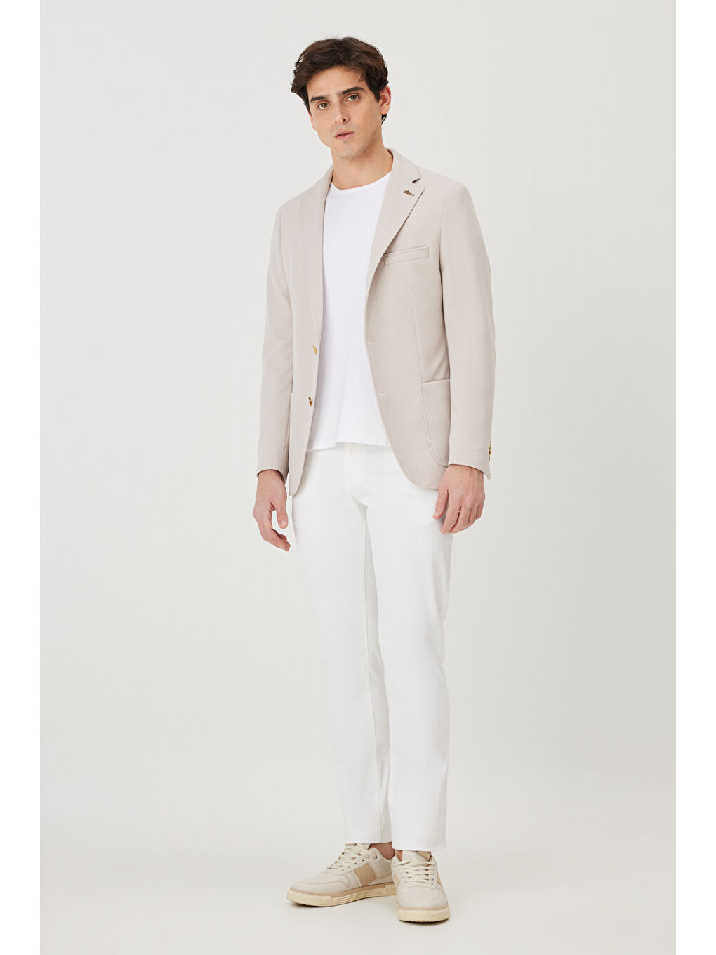 Erkek Bej Slim Fit Dar Kesim Mono Yaka Casual Ceket-2