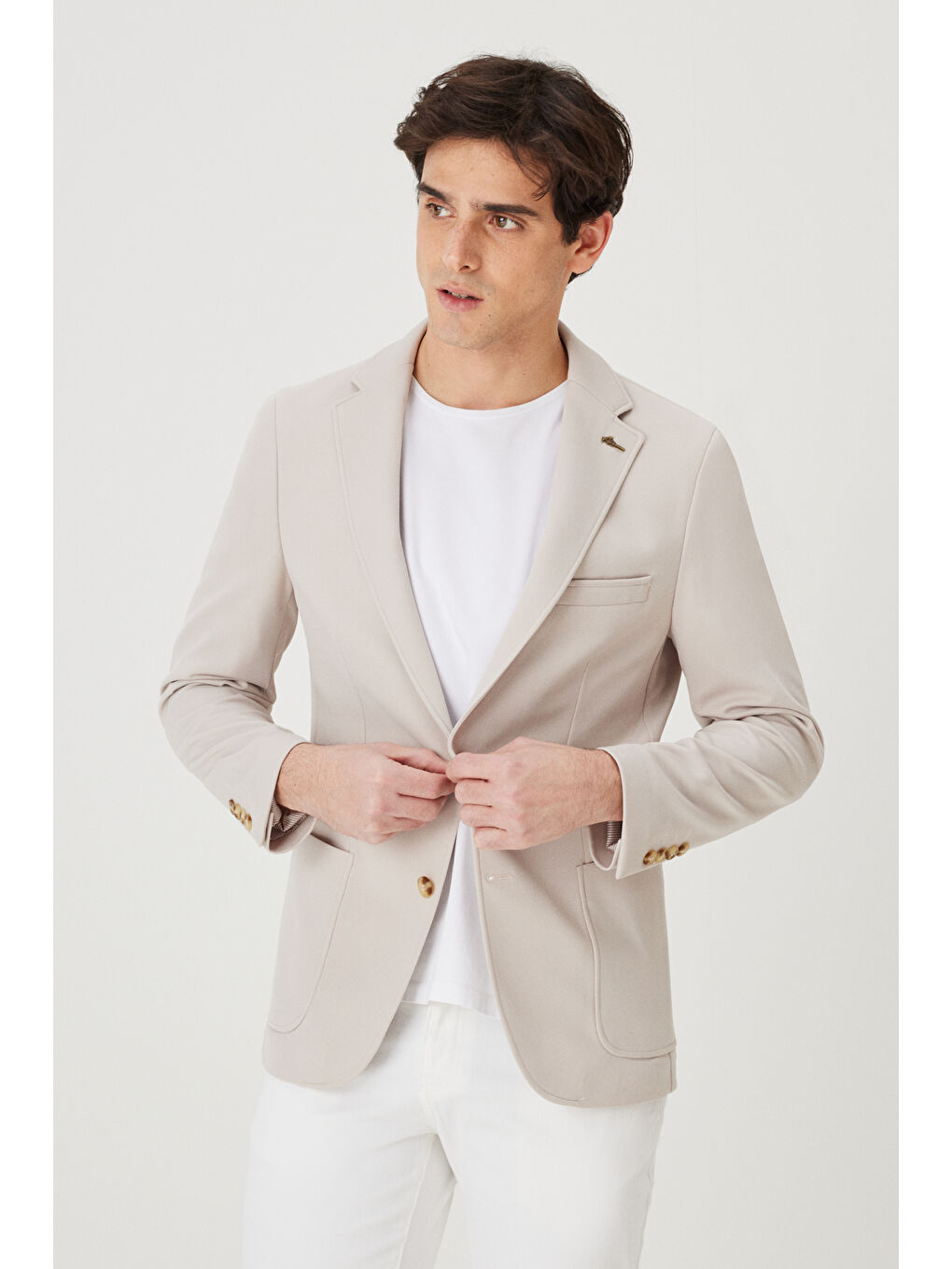 Erkek Bej Slim Fit Dar Kesim Mono Yaka Casual Ceket-3