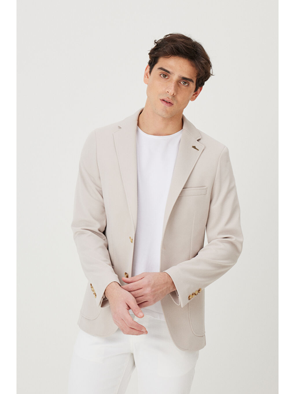 Erkek Bej Slim Fit Dar Kesim Mono Yaka Casual Ceket-5