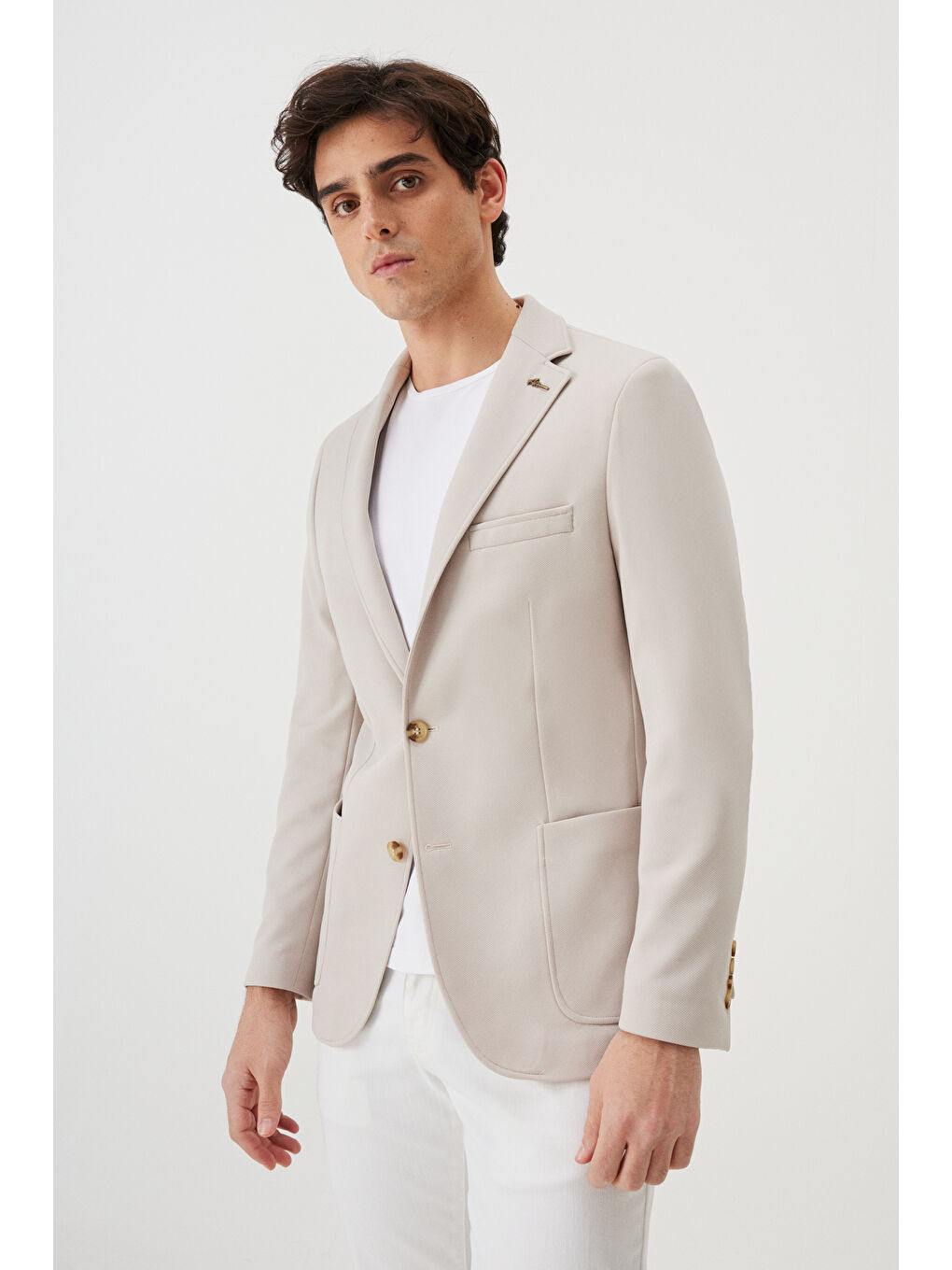 Erkek Bej Slim Fit Dar Kesim Mono Yaka Casual Ceket-6