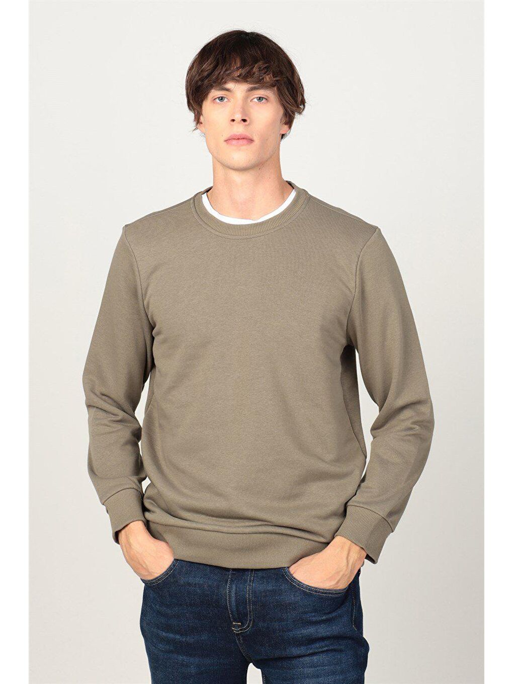 Unisex Relax Fit Rahat Kesim Pamuklu Yumuşak Dokulu İçi Polarlı Basic Yeşil Bisiklet Yaka Sweatshirt