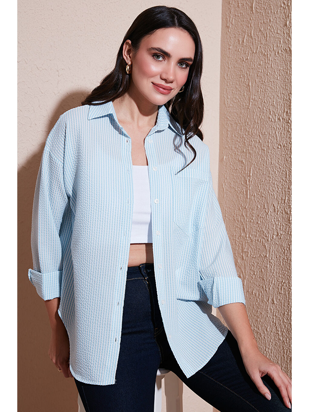 Mavi Regular Fit Uzun Kollu Cepli Çizgili Kadın Gömlek 6772895