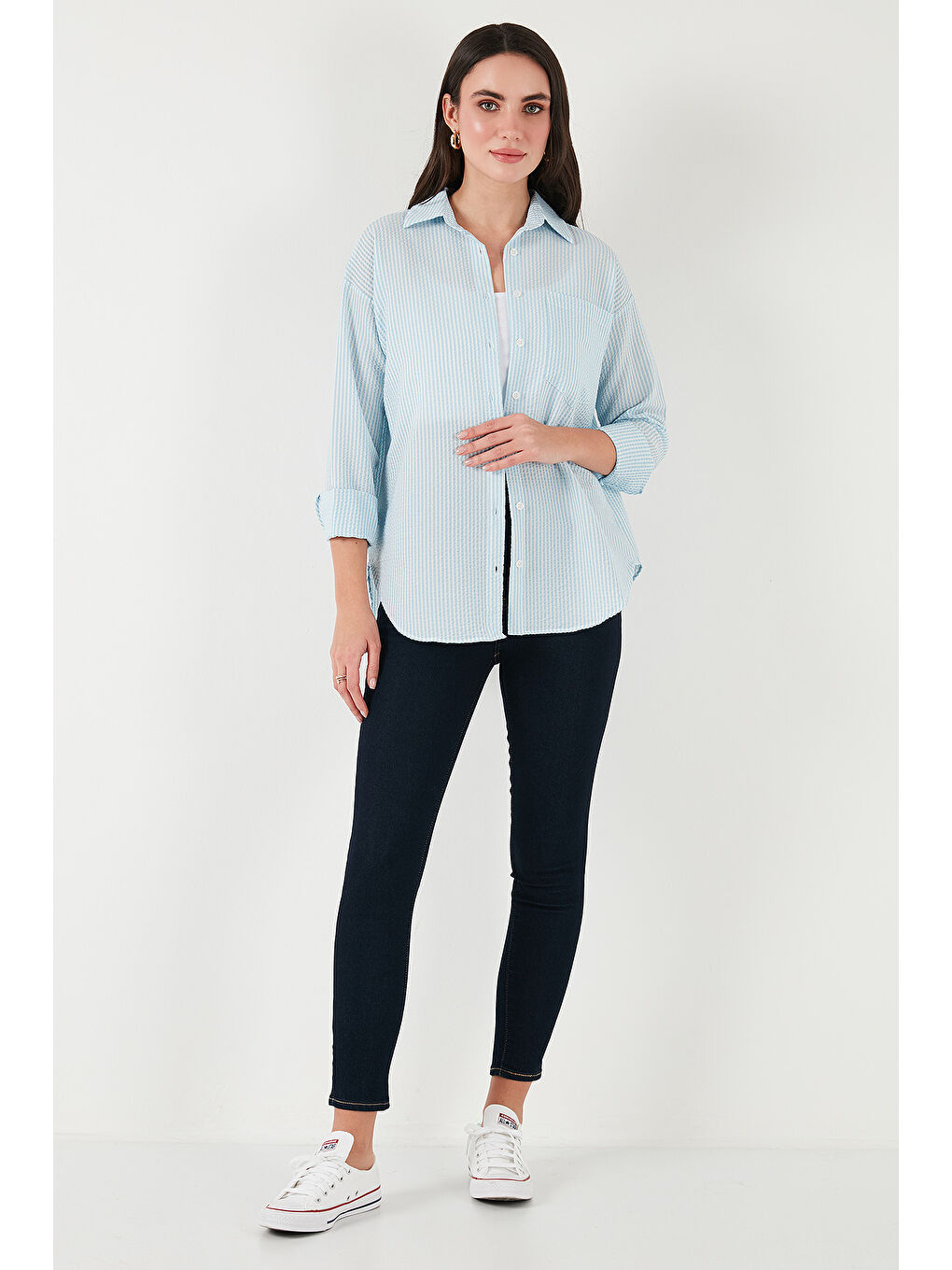 Mavi Regular Fit Uzun Kollu Cepli Çizgili Kadın Gömlek 6772895-2