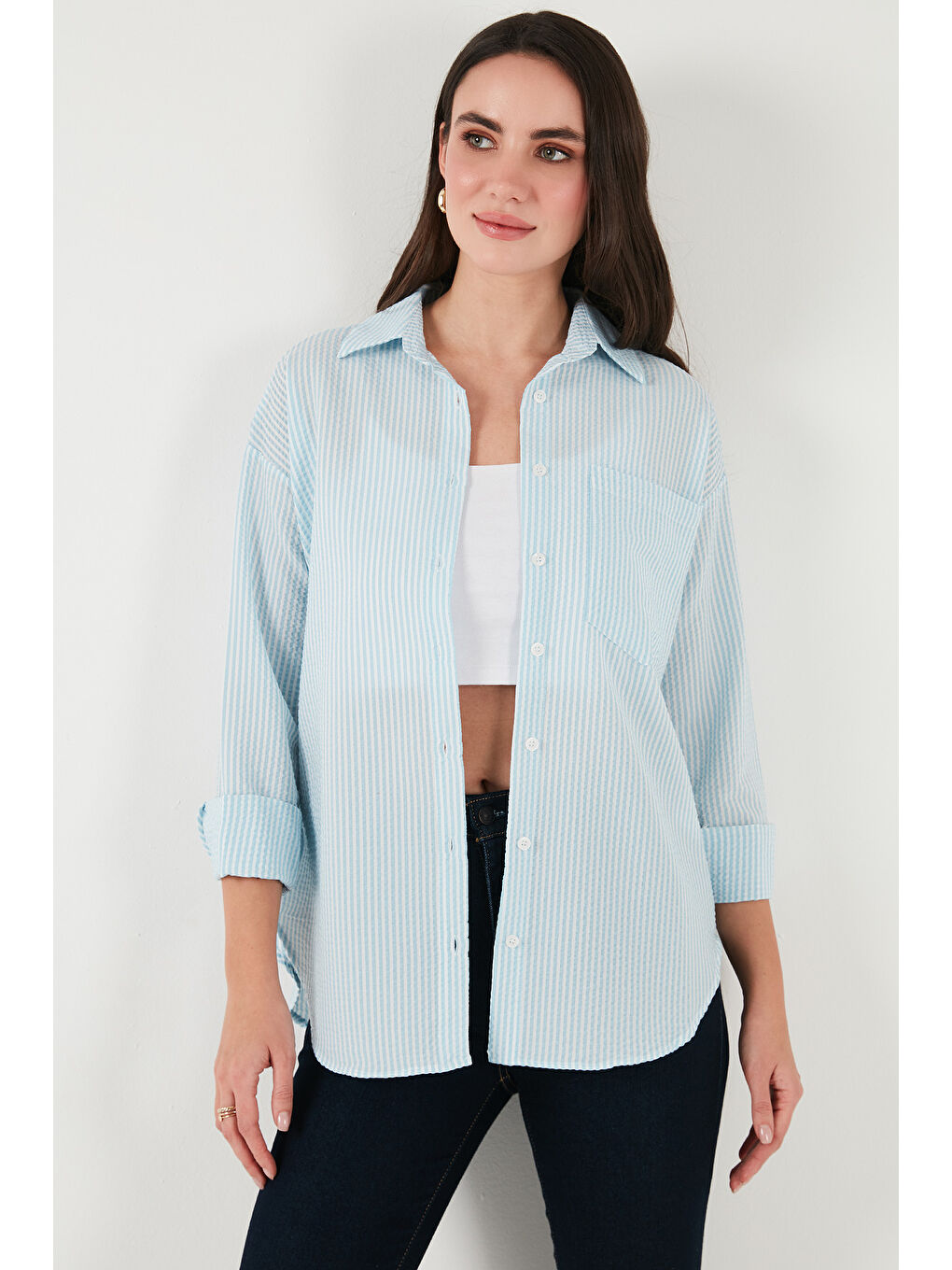 Mavi Regular Fit Uzun Kollu Cepli Çizgili Kadın Gömlek 6772895-3