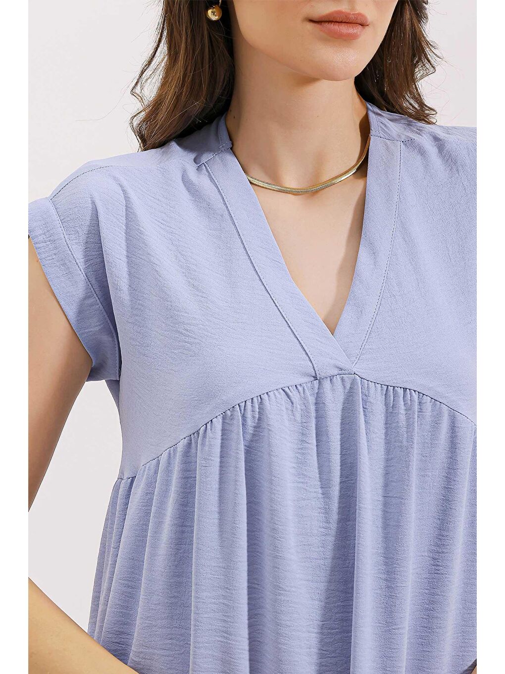 2398 V Yaka Volanlı Elbise - Mavi-3