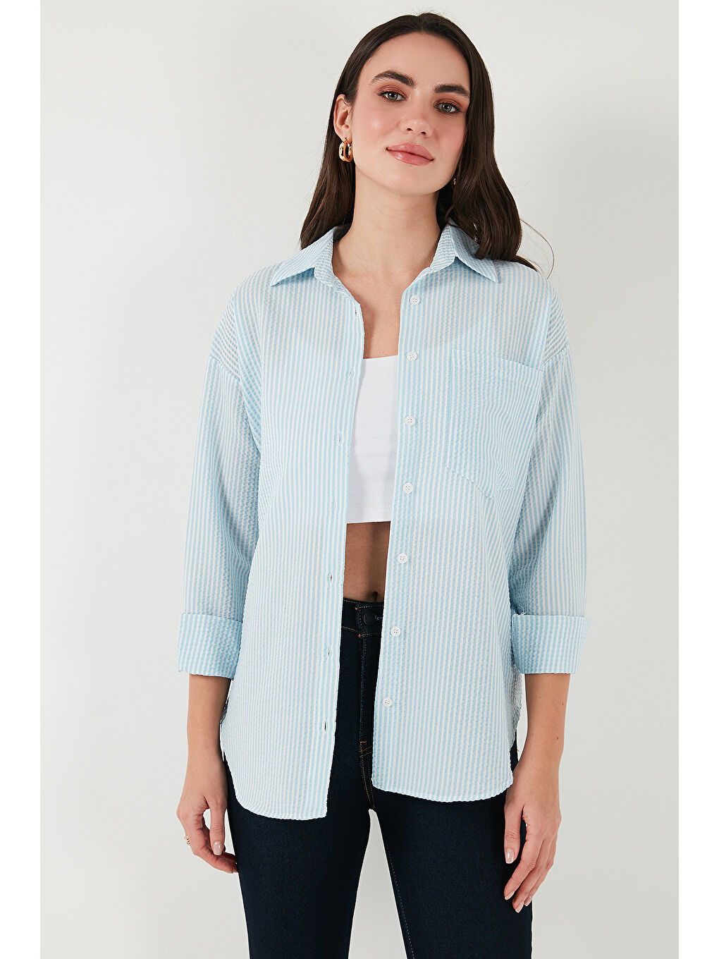 Mavi Regular Fit Uzun Kollu Cepli Çizgili Kadın Gömlek 6772895-5