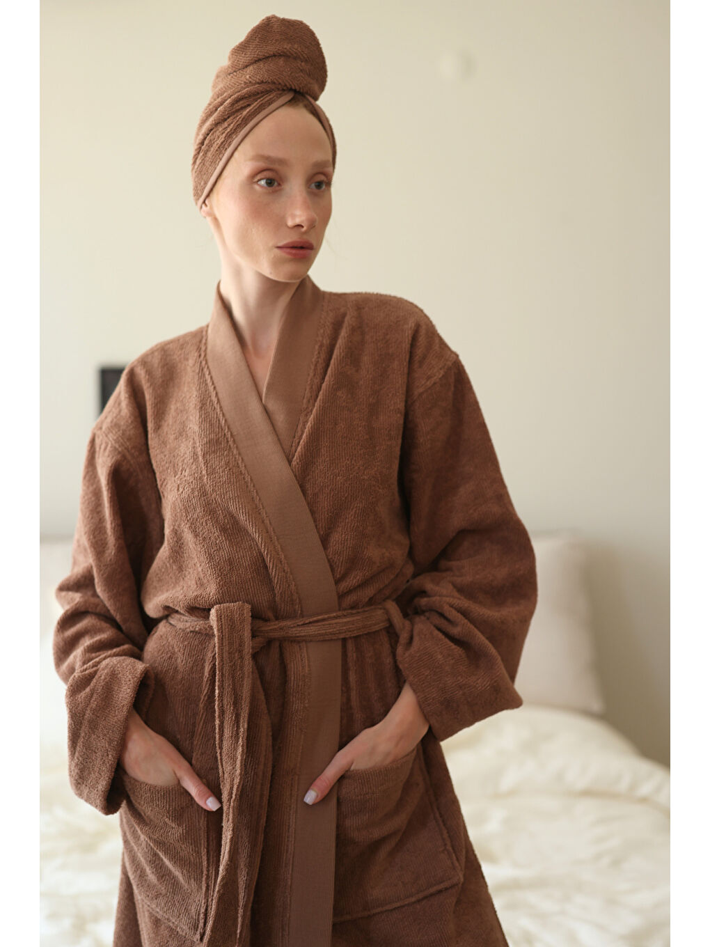 Kahverengi Solena Düğmeli Havlu Bone Kahve