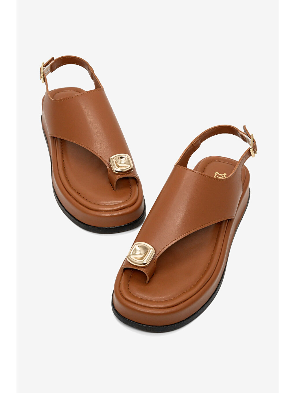 Kahverengi Kadın Taba Rahat Kalıp Taşlı Parmak Arası Detaylı Sandalet