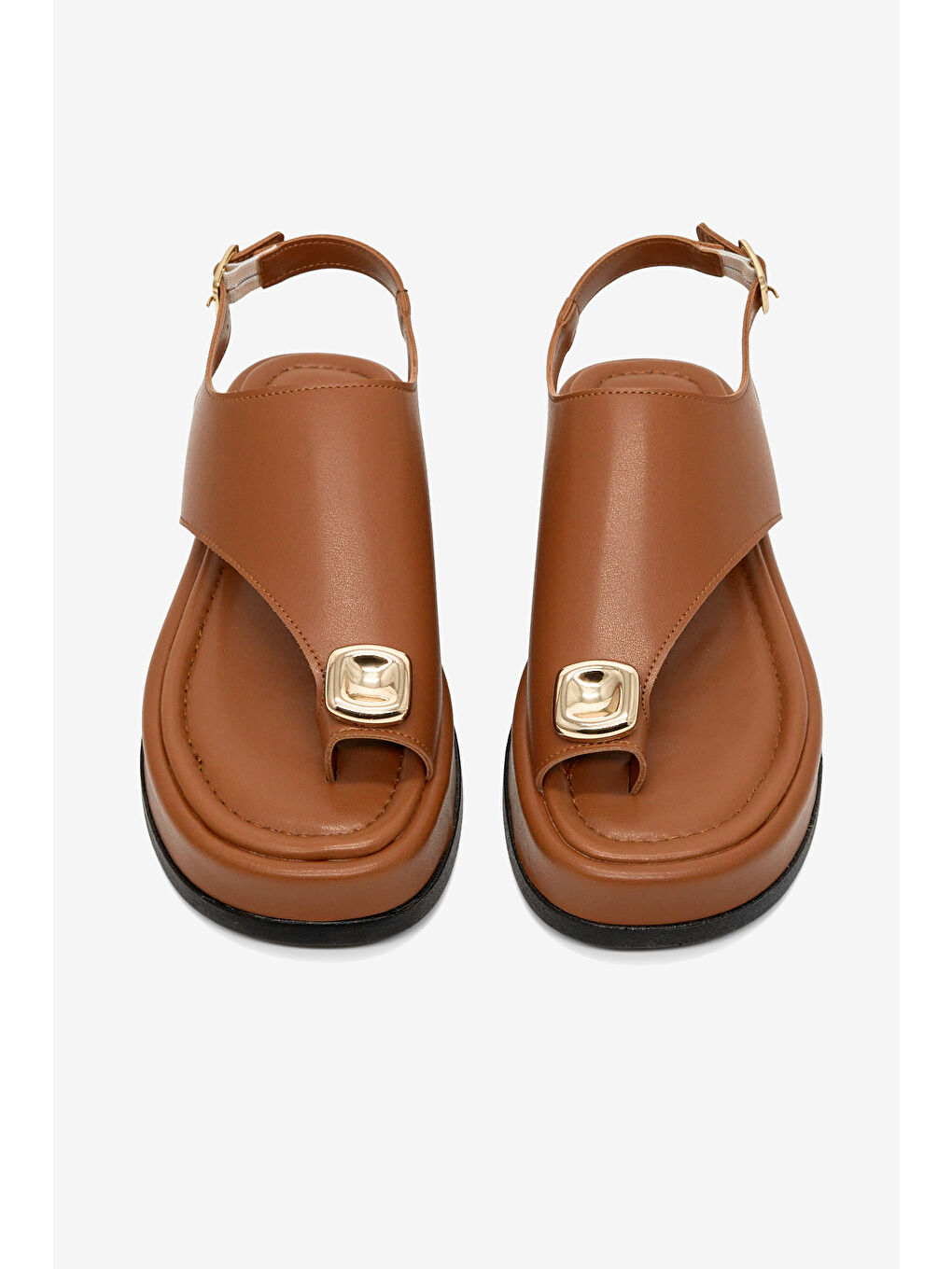 Kahverengi Kadın Taba Rahat Kalıp Taşlı Parmak Arası Detaylı Sandalet-1