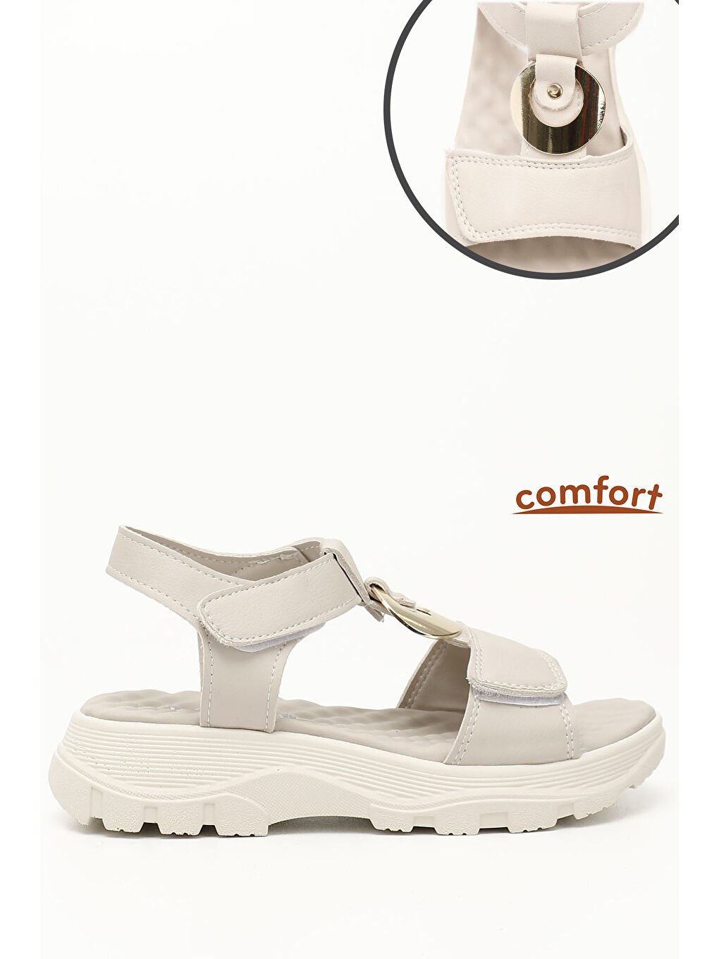 Bej Kadın BEJ-CAMEL Cırt Bantlı Toka Detaylı Comfort Sandalet-2