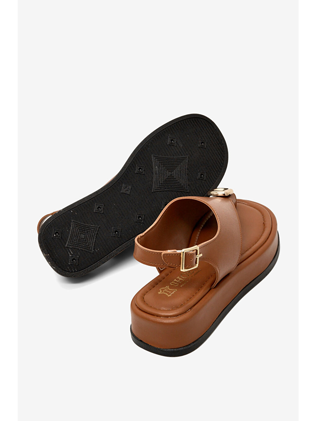 Kahverengi Kadın Taba Rahat Kalıp Taşlı Parmak Arası Detaylı Sandalet-3