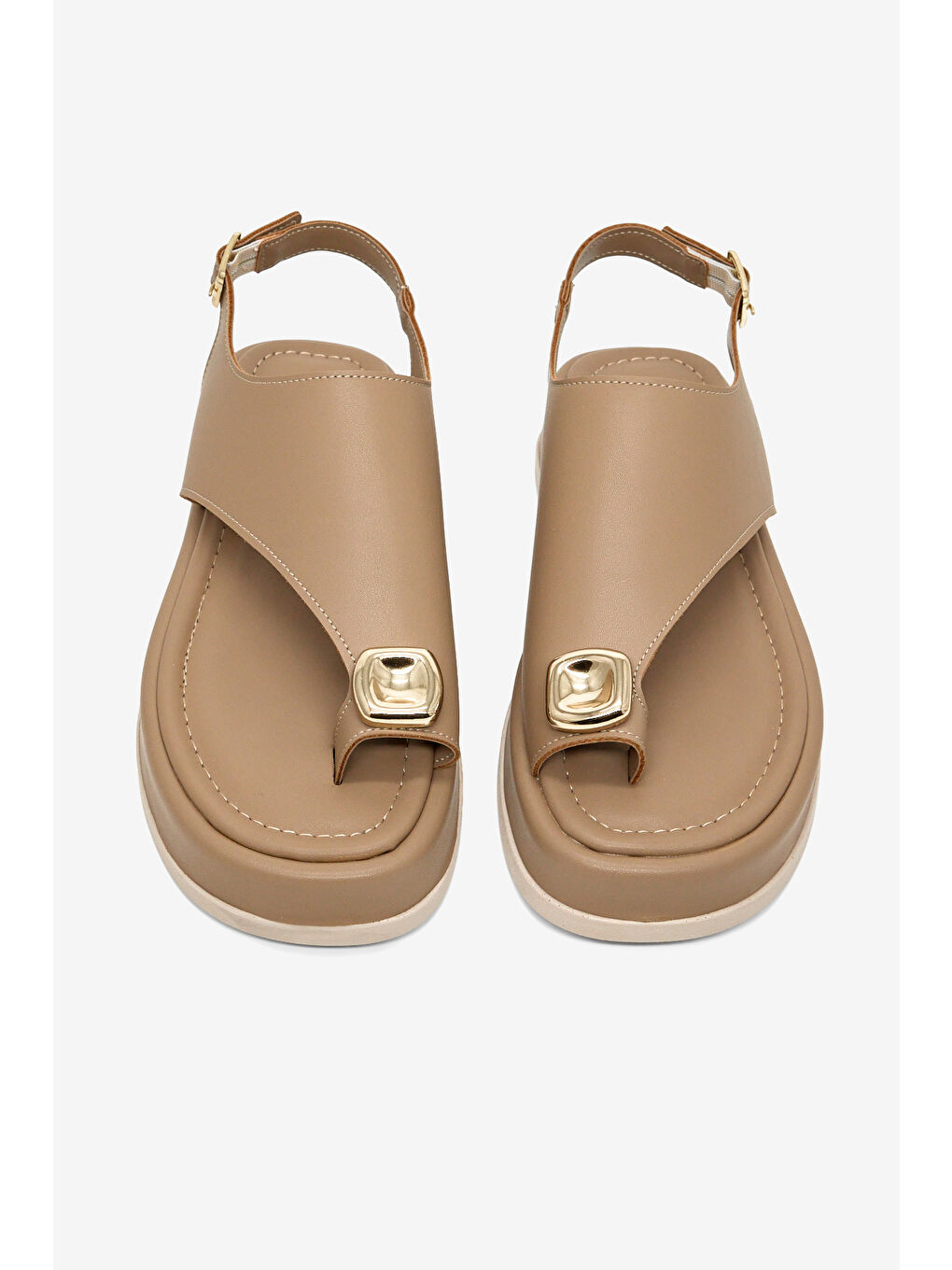 Bej Kadın Vizon Rahat Kalıp Taşlı Parmak Arası Detaylı Sandalet-1