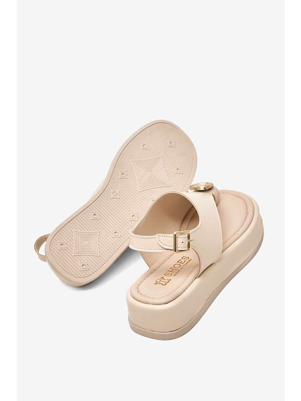 Kadın Bej Rahat Kalıp Taşlı Parmak Arası Detaylı Sandalet-2