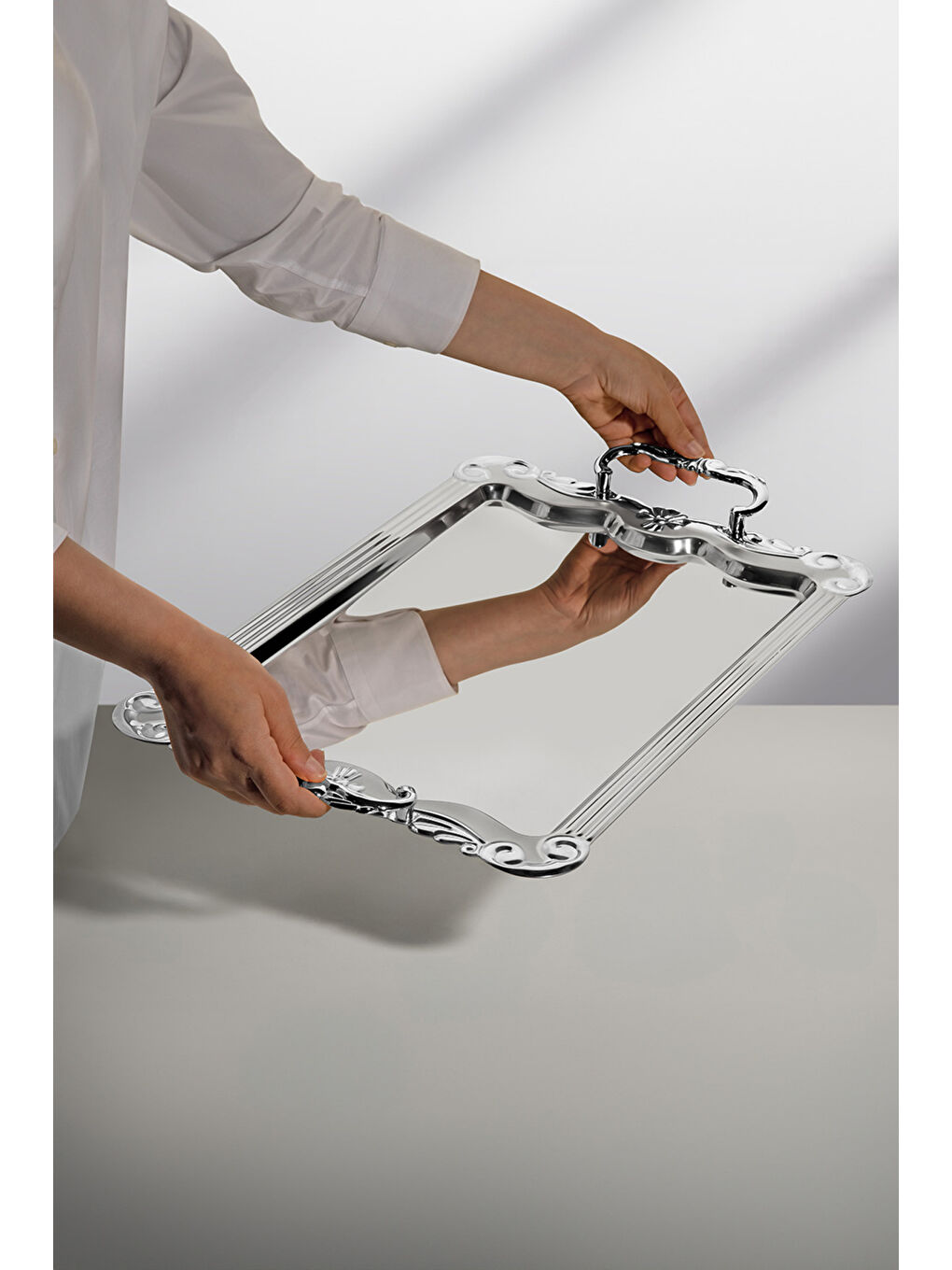 Gri Babil Saten Çelik Çay Tepsi-1