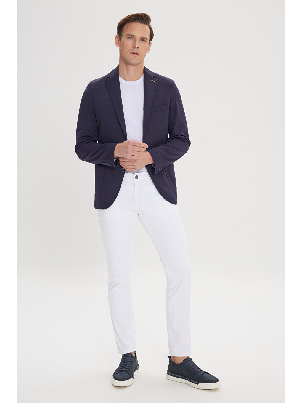 Erkek Lacivert Slim Fit Dar Kesim Mono Yaka Casual Ceket-1