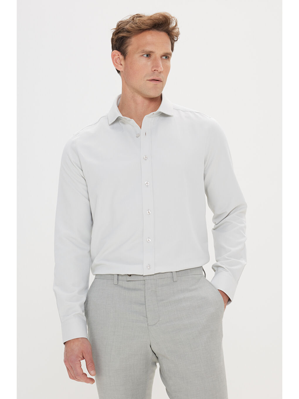 Yeşil Erkek MINT YESIL Kolay Ütülenebilir Slim Fit Dar Kesim İtalyan Yaka Armürlü Basic Gömlek