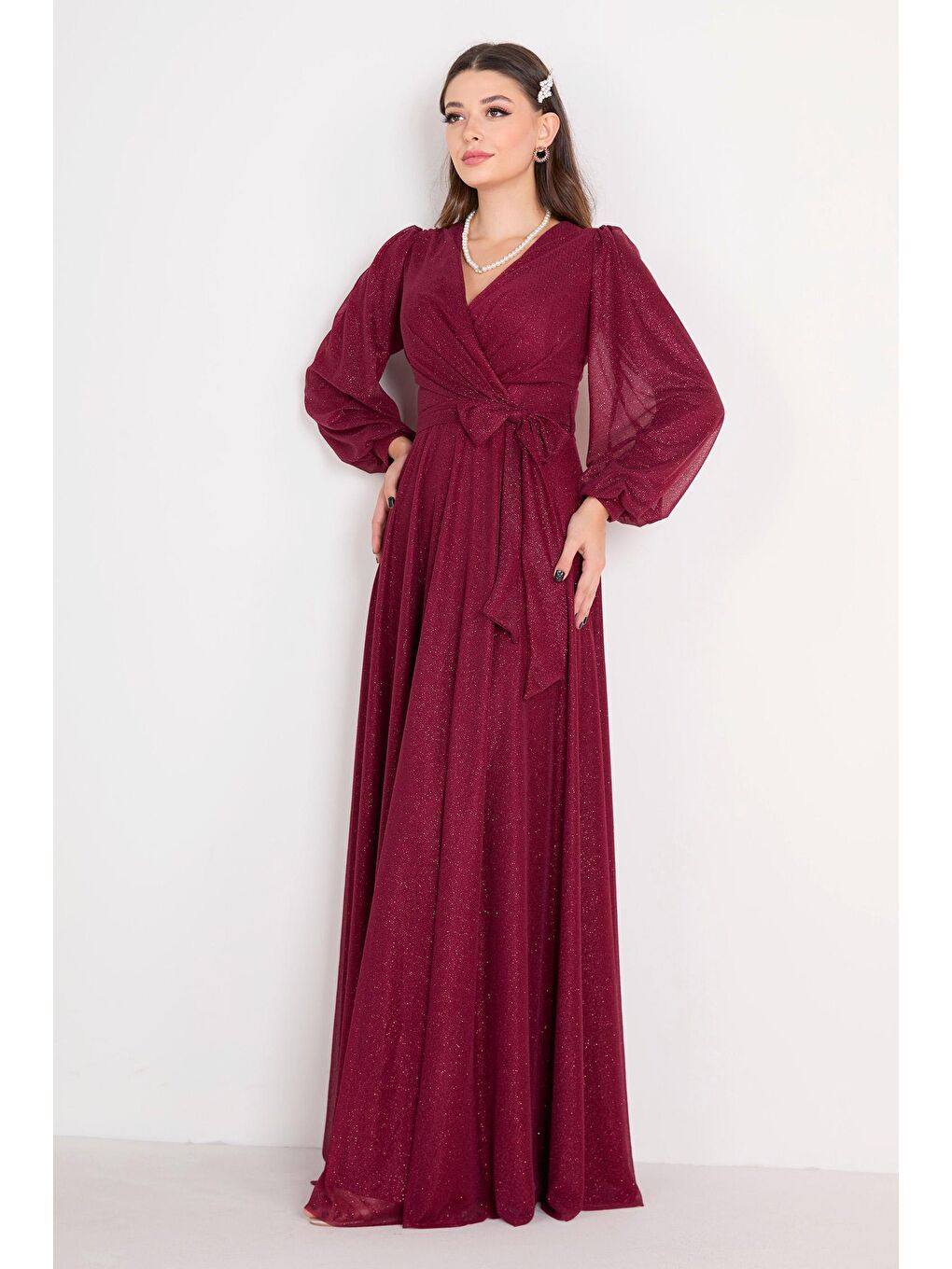 Kruvaze Yaka Kadın Bordo Abiye Elbise - 23163-1