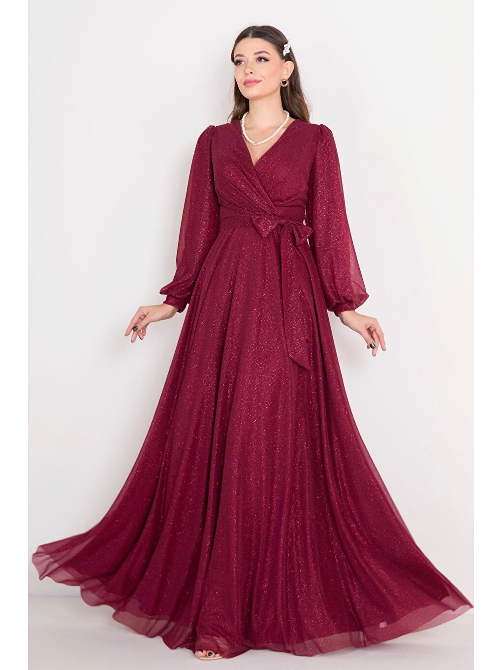 Kruvaze Yaka Kadın Bordo Abiye Elbise - 23163-2