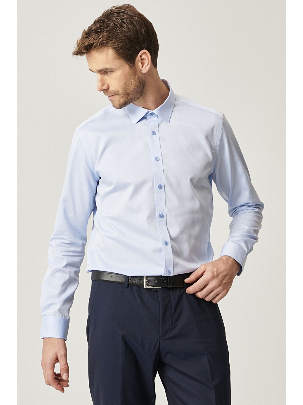Erkek Açık Mavi Ütü Gerektirmeyen Non-Iron Slim Fit %100 Pamuk Gömlek-2
