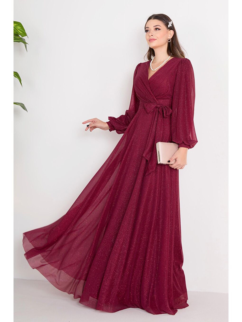 Kruvaze Yaka Kadın Bordo Abiye Elbise - 23163-3