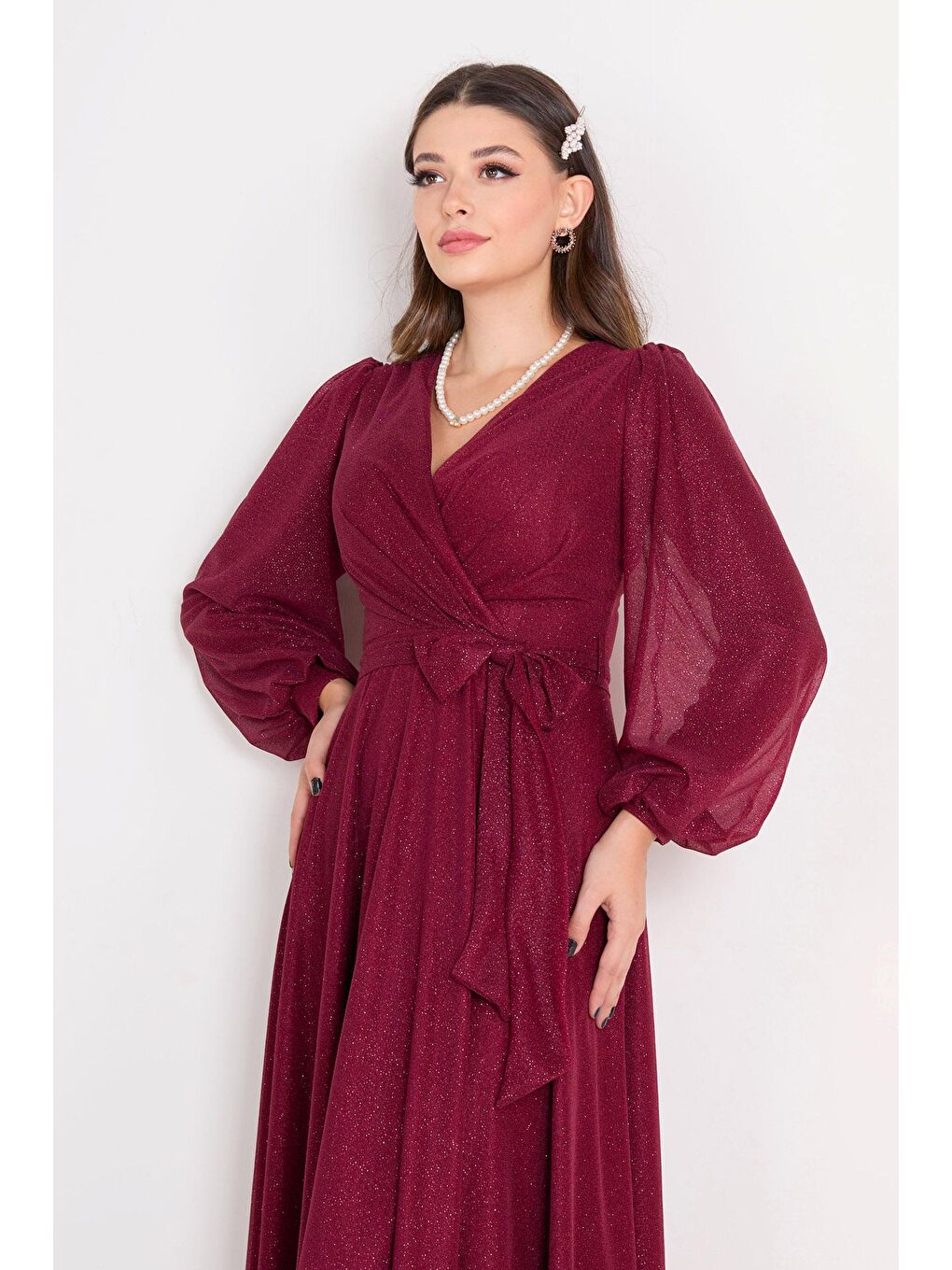 Kruvaze Yaka Kadın Bordo Abiye Elbise - 23163-4