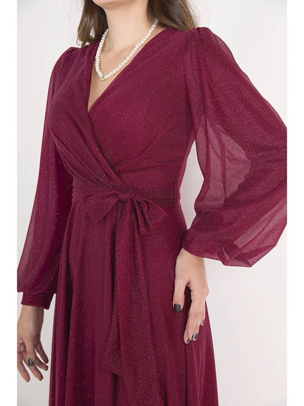 Kruvaze Yaka Kadın Bordo Abiye Elbise - 23163-5