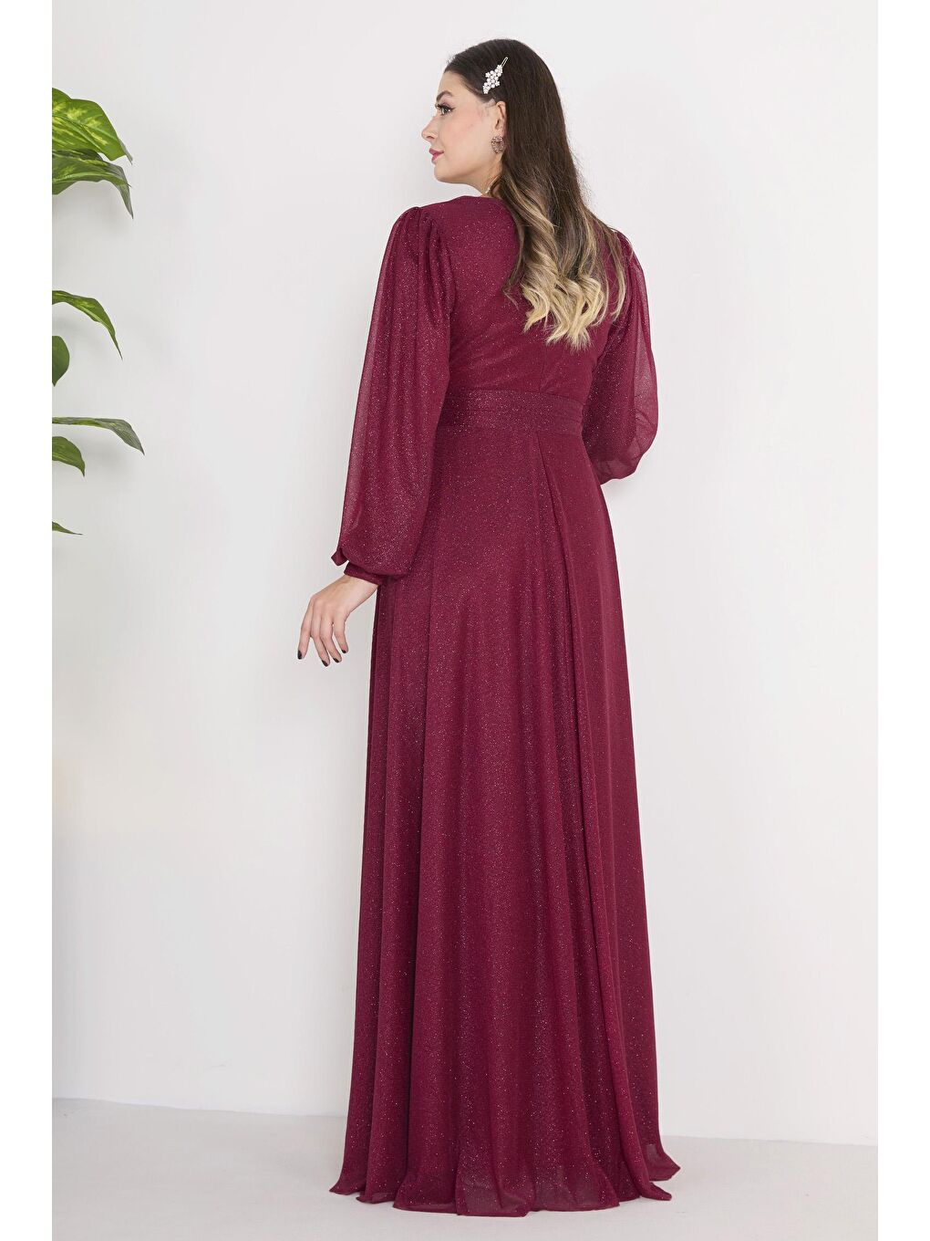 Kruvaze Yaka Kadın Bordo Abiye Elbise - 23163-6