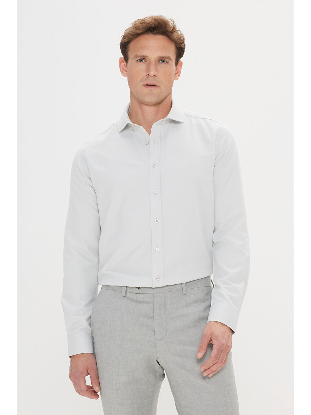 Yeşil Erkek MINT YESIL Kolay Ütülenebilir Slim Fit Dar Kesim İtalyan Yaka Armürlü Basic Gömlek-2