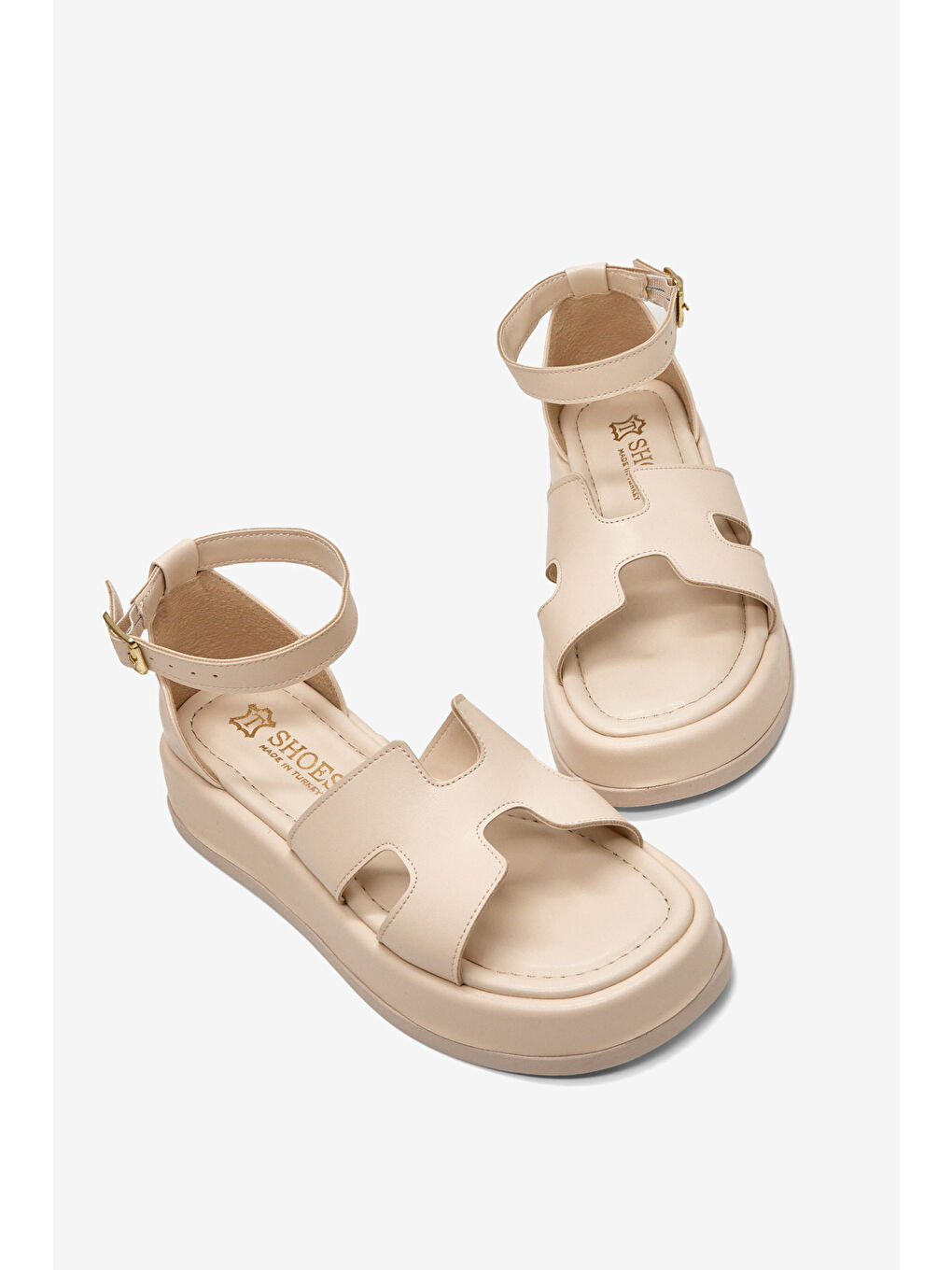 Kadın Bej Rahat Kalıp Bilekten Bağlanmalı Sandalet-2