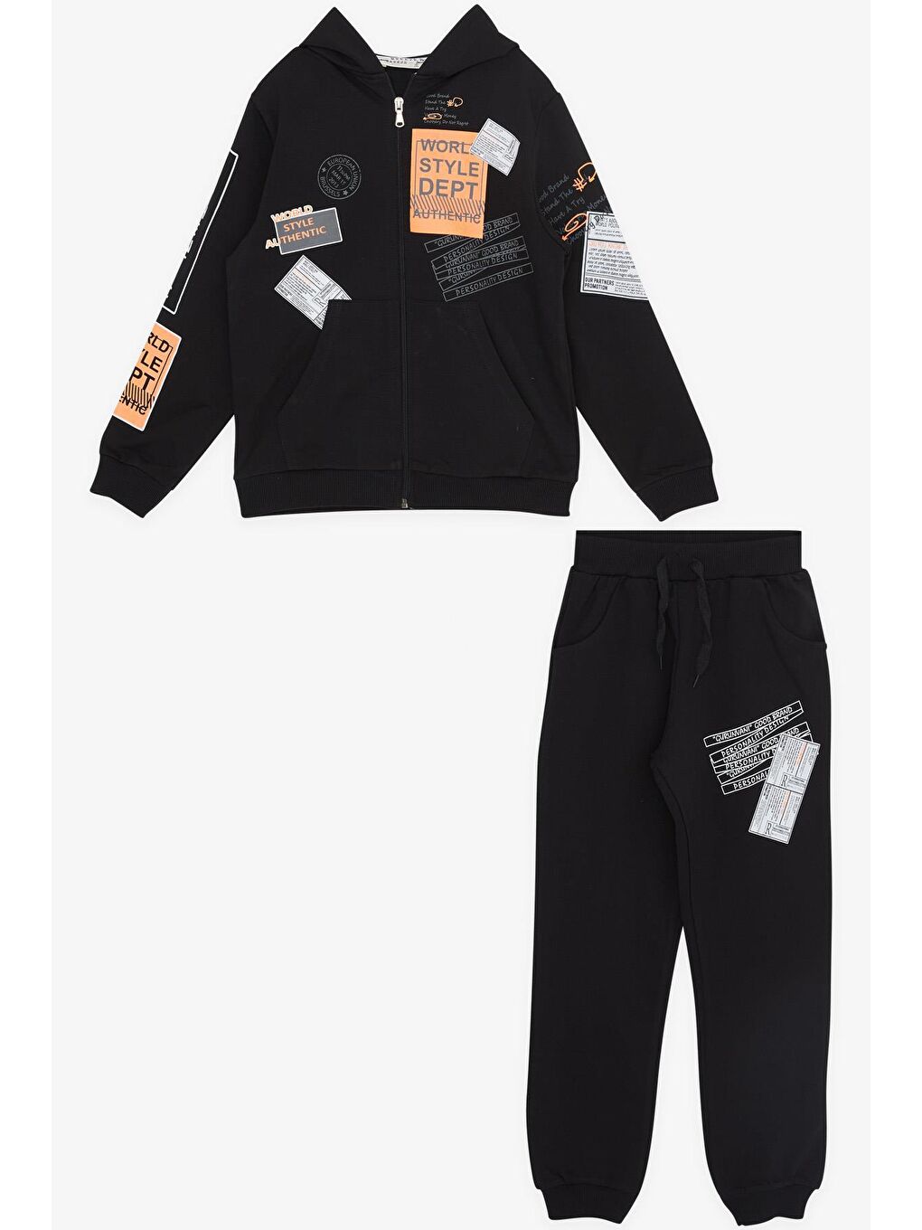 Erkek Çocuk Eşofman Takım Kapüşonlu Yazı Baskılı Siyah (7-12 Yaş)