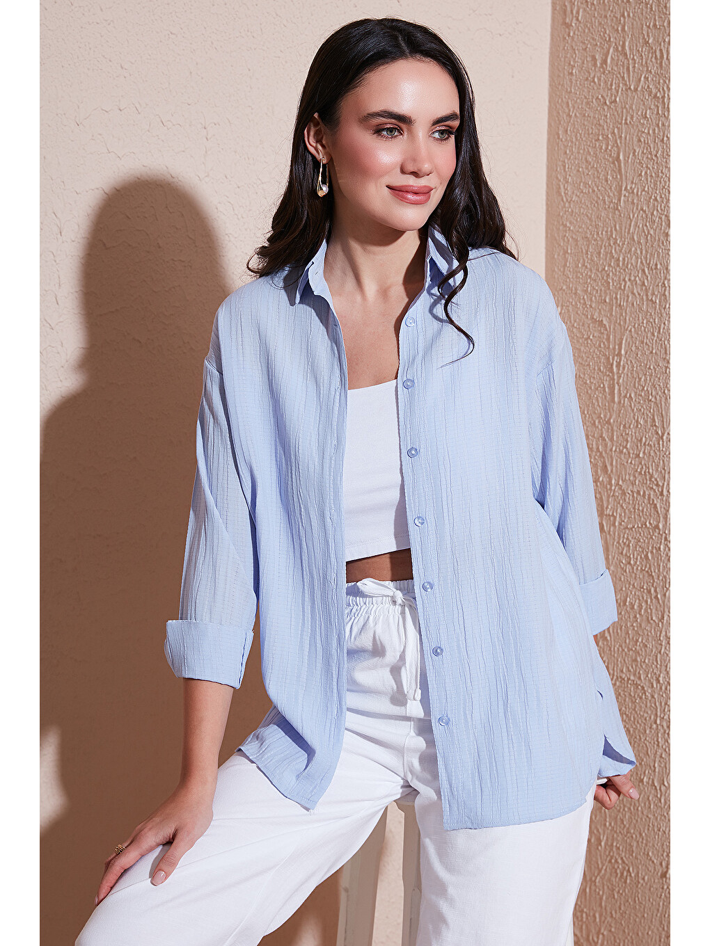 Mavi Regular Fit Uzun Kollu Dokulu Kadın Gömlek 6772799