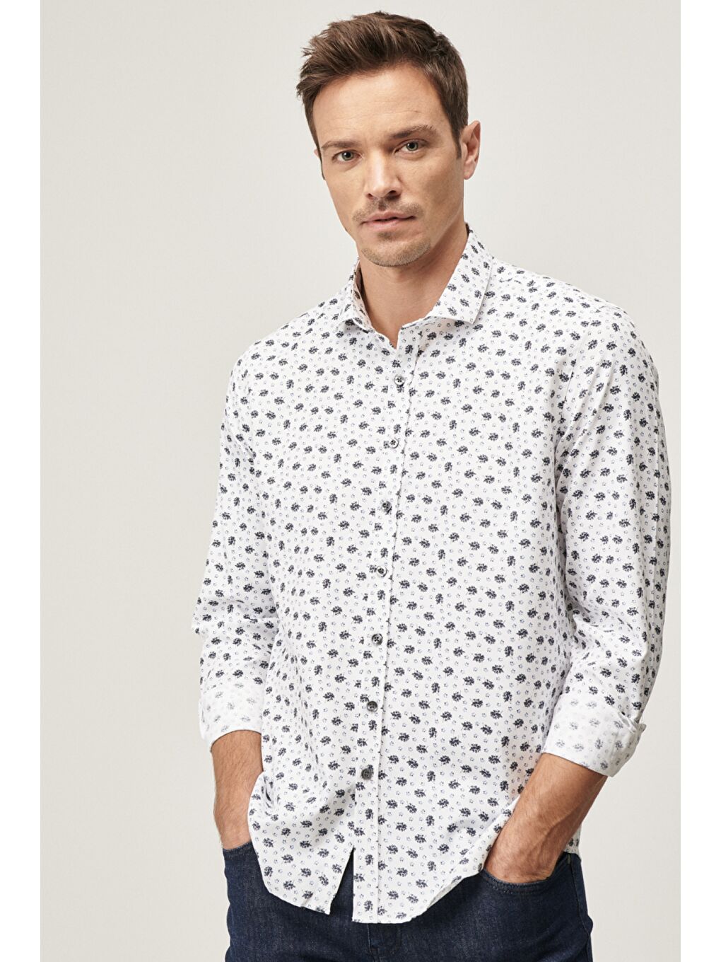 Erkek Beyaz-Gri Tailored Slim Fit İtalyan Yaka Baskılı Gömlek