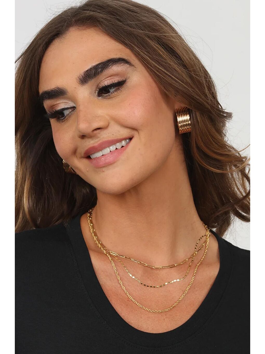 Sarı Kombin Altın Zincir Kolye Seti 3 Zincir-1