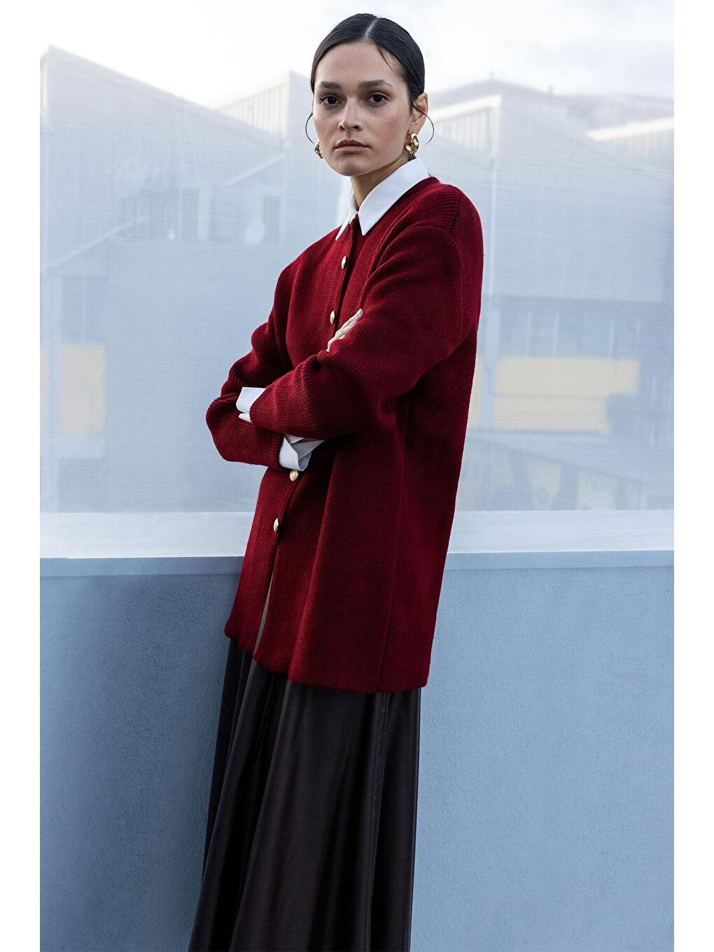 Bordo Gold Düğmeli Uzun Hırka-2