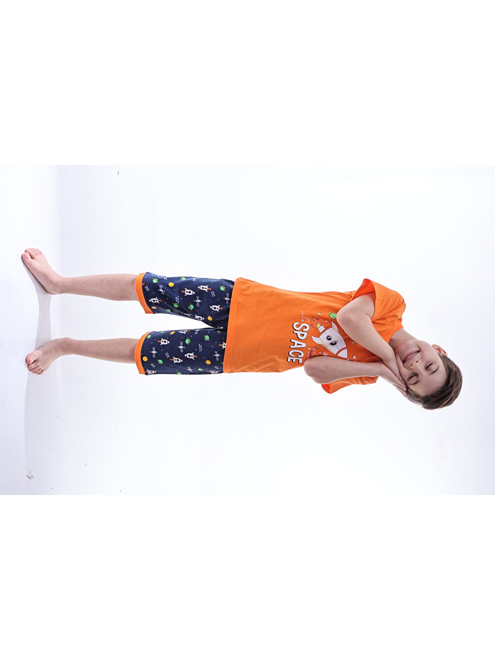 Turuncu Erkek Çocuk %100 Doğal Pamuk Kısa Kollu  Kaprili Pijama Takımı-4
