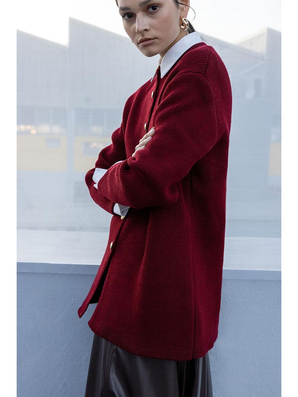 Bordo Gold Düğmeli Uzun Hırka-3