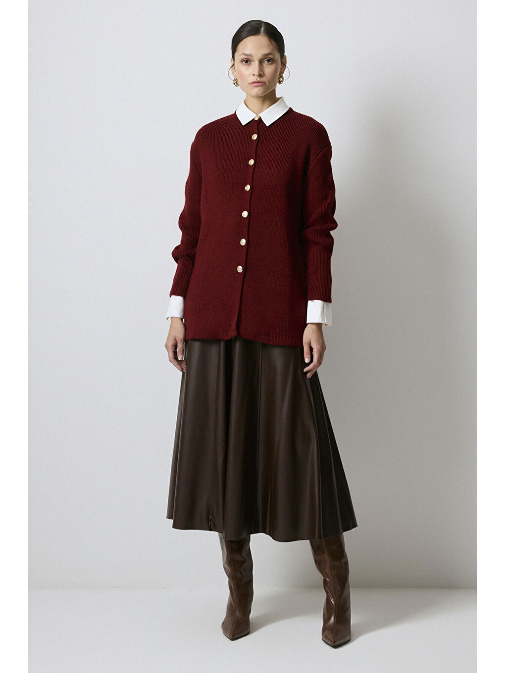 Bordo Gold Düğmeli Uzun Hırka-5