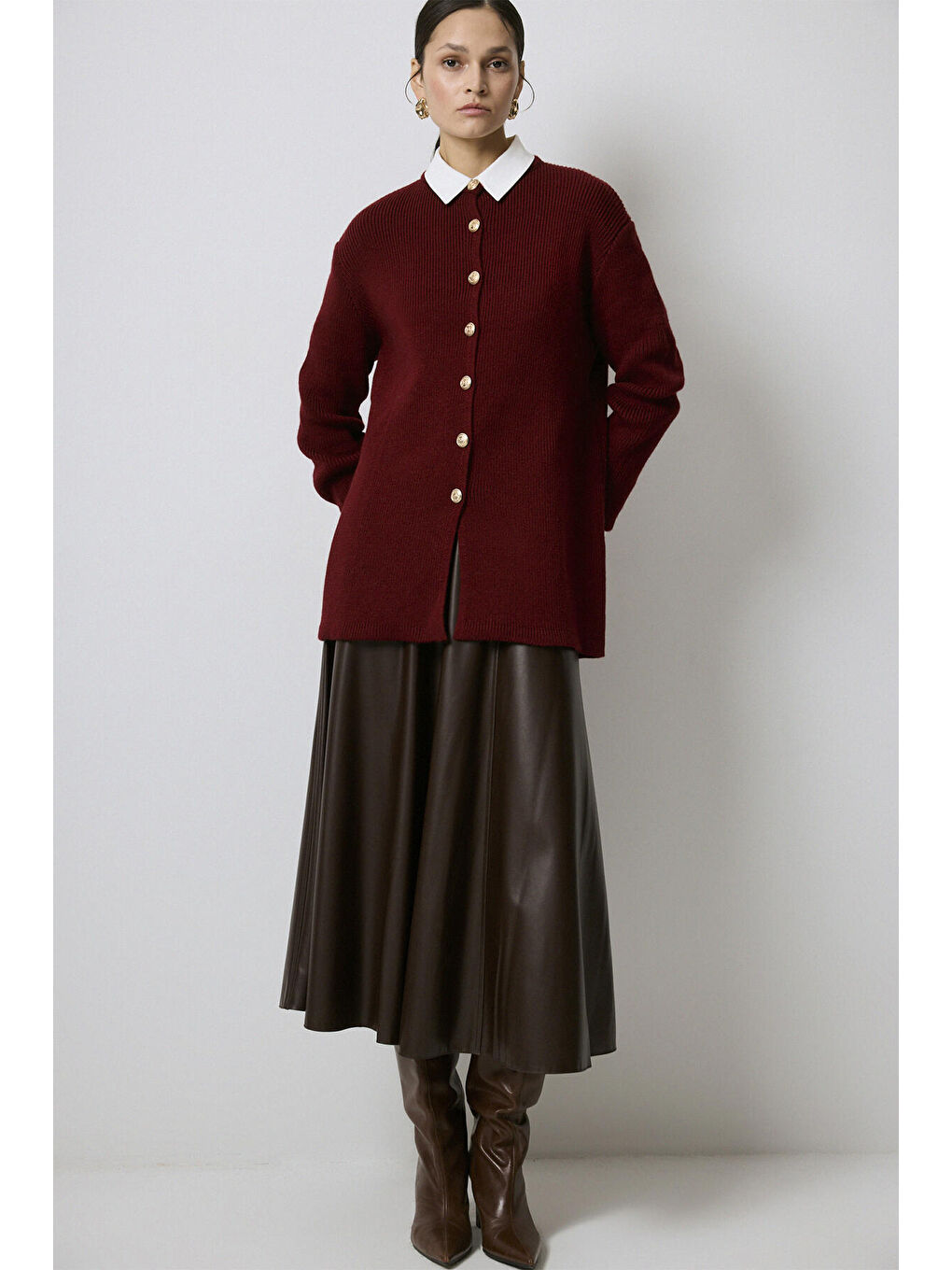 Bordo Gold Düğmeli Uzun Hırka-6