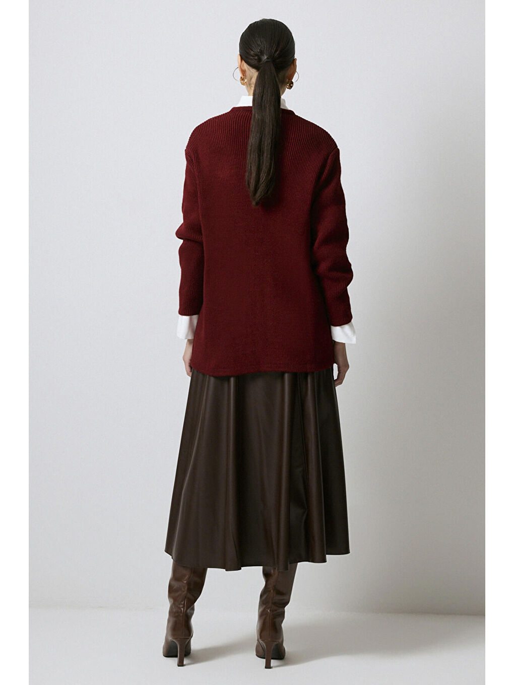 Bordo Gold Düğmeli Uzun Hırka-8