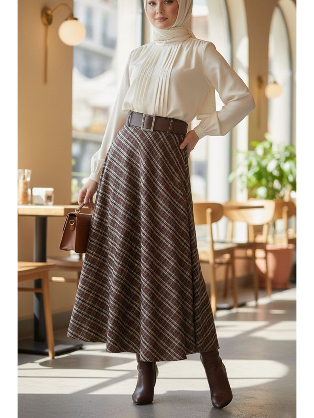 Kahverengi Ekose Desenli Kemer Aksesuarlı Tesettür Kiloş Etek-1
