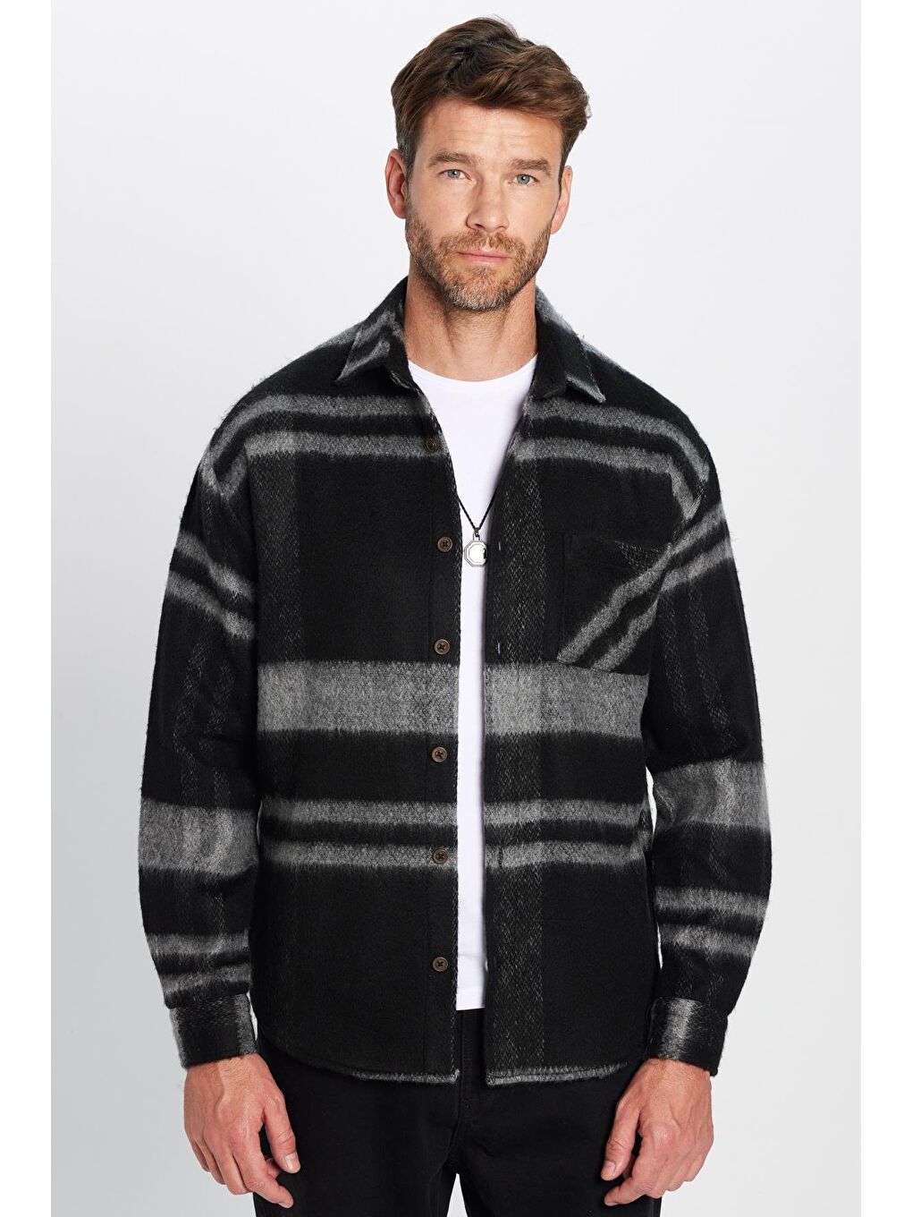 Karışık Erkek Relax Fit Rahat Kesim Oduncu  Tek Cepli Kareli Kışlık Şardonlu Gömlek-1