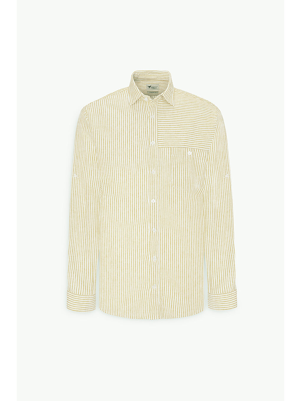Erkek Sarı-Beyaz Keten Comfort Fit Rahat Kesim Klasik Yaka Çizgili Gömlek-5