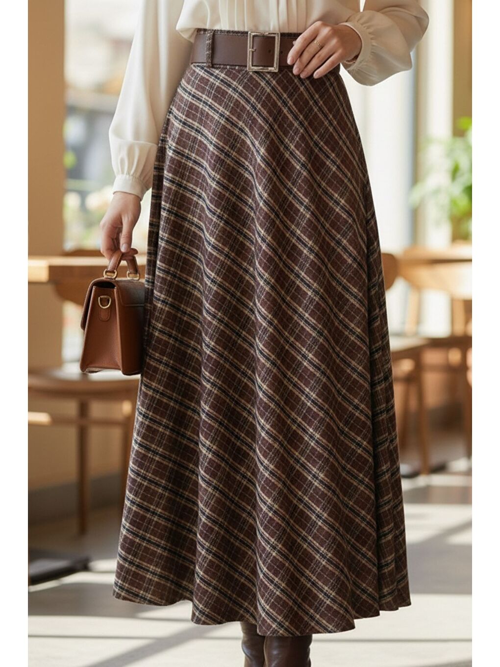 Kahverengi Ekose Desenli Kemer Aksesuarlı Tesettür Kiloş Etek-3