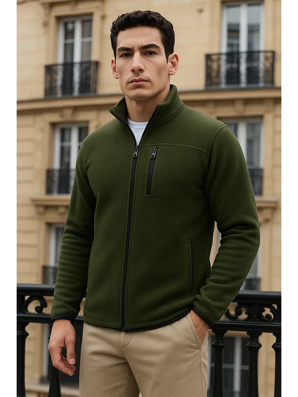 Erkek Kışlık Basic Fermuarlı Cepli Haki Polar Hırka